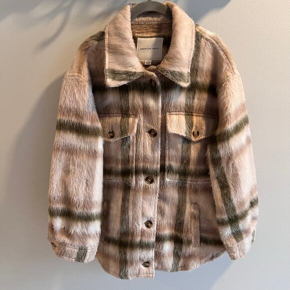 American Eagle Brushed Check Plaid Fuzzy Jacket Size S - Picture 2 of 9